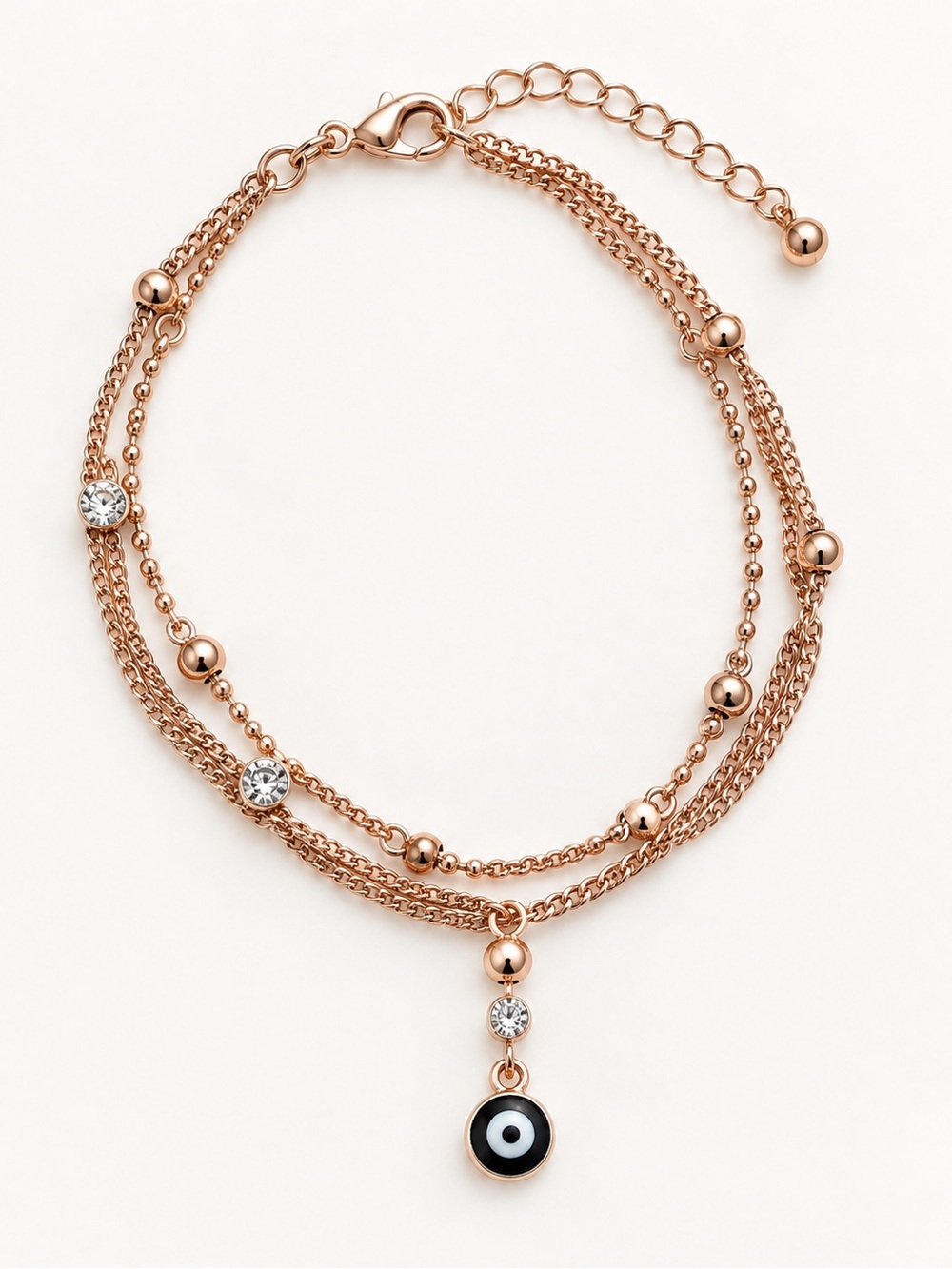 Rose Gold Tone Layered Evil Eye Anklet – Multi Chain Beaded Charm Anklet